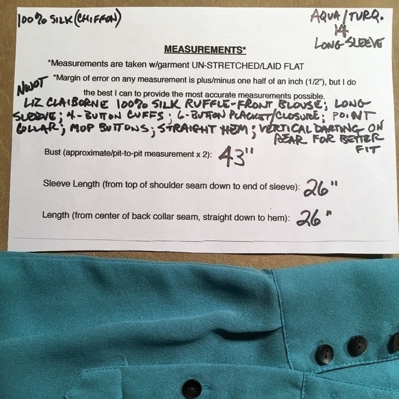 LIZ CLAIBORNE 100% Silk RUFFLE FRONT Blouse, AQUA, NWOT, Size 14 - Picture 8 of 8